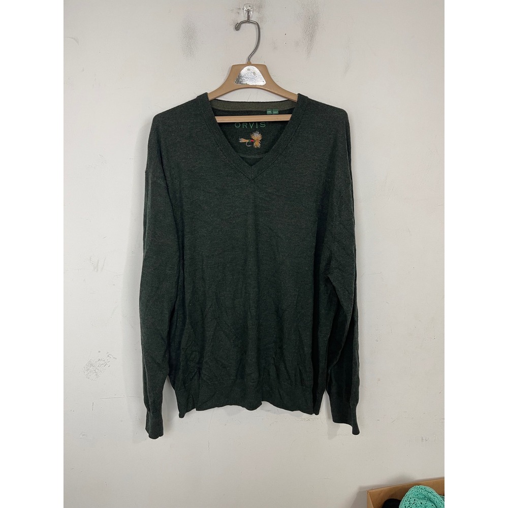 Orvis Mens XXL Merino Wool V-Neck Sweater Green Fly Fishing Embroidery 3BG6